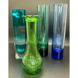 4 Glass Blue and Green Bud Vases Lot Vintage Randall, Libby and Block Vase Style